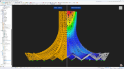 Cette image montre une interface utilisateur du logiciel RFEM 6, qui est utilisée pour le calcul de structure. In the main area of the interface, there is a complex 3D model of a timber structure, presented in two different styles: before and after the deformation.